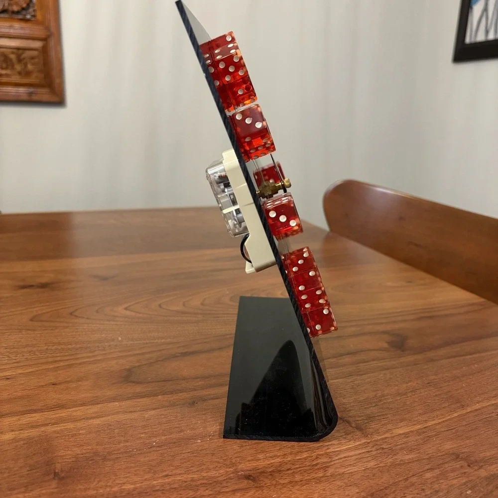 Vintage Las Vegas Red Dice Clock Black Acrylic Tabletop Japan Movement